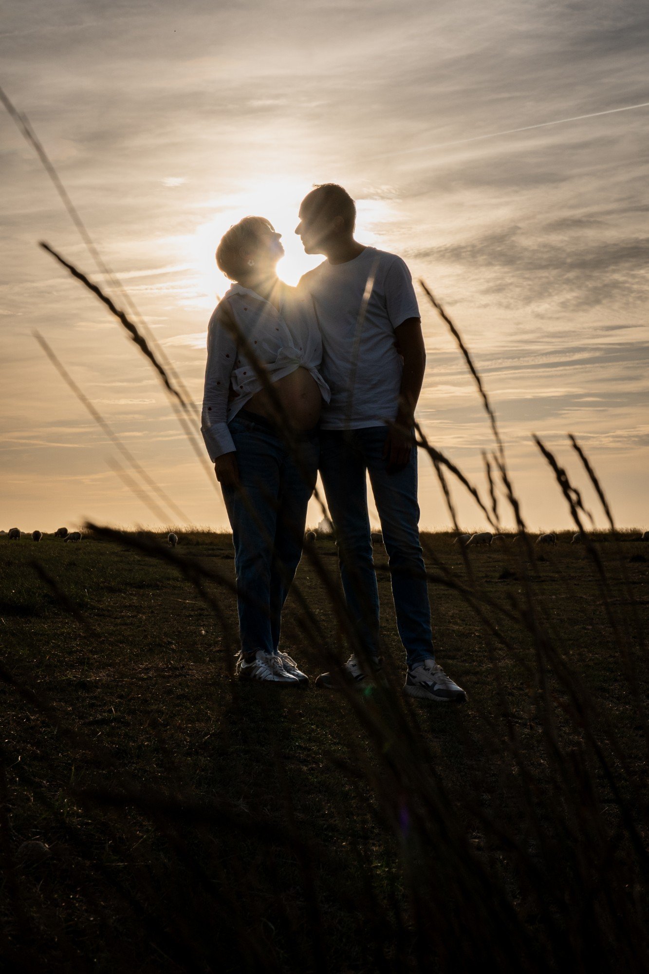 Silhouette d'un couple attendant un enfant dans les herbes hautes